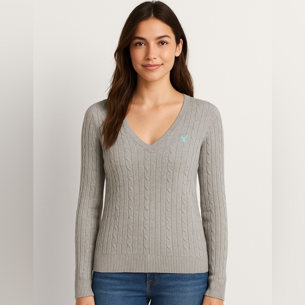 Vintage Y2K American Eagle Womens V-Neck Preppy Cable Knit Sweater medium gray